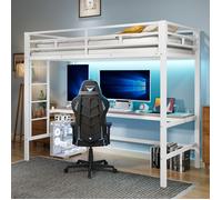 Lit Mezzanine Métal 90x200 avec Bureau Gaming, LED, Prise + USB & Type-C, Échelle & Garde-Corps - Lit surélevé gamer Blanc