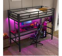 Lit Mezzanine Métal 90x200 avec Bureau Gaming, LED, Prise + USB & Type-C, Échelle & Garde-Corps - Lit surélevé gamer Noir