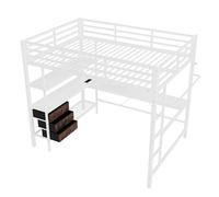 Lit mezzanine métal avec bureau intégré,prise USB et secteur,3 tiroirs rangement,étagères multiples,garde-corps sécurisé,échelle stable,penderie intégrée, éclairage LED ambiant (Blanc,140x200cm)