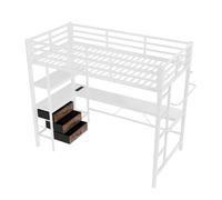 Lit mezzanine métal avec bureau intégré,prise USB et secteur,3 tiroirs rangement,étagères multiples,garde-corps sécurisé,échelle stable,penderie intégrée, éclairage LED ambiant (Blanc,90x200cm)