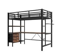 Lit mezzanine métal avec bureau intégré,prise USB et secteur,3 tiroirs rangement,étagères multiples,garde-corps sécurisé,échelle stable,penderie intégrée, éclairage LED ambiant (Noir,90x200cm)