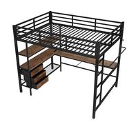 Lit mezzanine métal avec bureau intégré,prise USB et secteur,3 tiroirs rangement,étagères multiples,garde-corps sécurisé,échelle stable,penderie intégrée, éclairage LED ambiant (Noir,140x200cm)