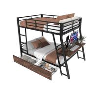 Lit mezzanine métal avec échelle sécurisée, garde-corps renforcé, grand bureau intégré, 2 tiroirs coulissants en bois MDF, étagère de rangement, LED multicolores télécommandées (Noir,140x200cm)