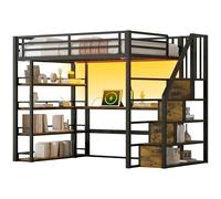 Lit mezzanine métal, escalier rangement, bureau intégré, étagères ouvertes, bibliothèque 4 niveaux, garde-corps sécurisés, lattes acier, station USB, éclairage LED télécommande (Noir,140x200cm)