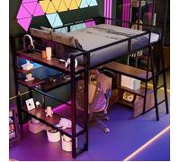 Lit mezzanine métal gaming,140x200 cm, Lit adulte,Lit enfant,espace de travail intégré, éclairage LED et nombreux rangements,Noir