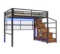 Lit mezzanine métallique avec escalier de rangement intégré,garde-corps sécurisés,armoire latérale multifonction,espace sous le lit,bande LED 7 couleurs réglables via application (Noir,140x200cm)