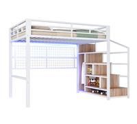 Lit mezzanine métallique avec escalier de rangement intégré,garde-corps sécurisés,armoire latérale multifonction,espace sous le lit,bande LED 7 couleurs réglables via application (140x200cm,Blanc)