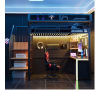 Lit mezzanine métallique pour gamers, 90 × 200 cm, avec bureau, étagères et rangements, éclairage LED et prises électriques, noir