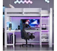 Lit mezzanine - Mezzanine gaming - 90 x 200 cm - Bois blanc - Bureau intégré avec LED et ports USB