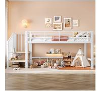 Lit mezzanine mi-haut, 90×200cm, avec un cadre métallique robuste et un escalier de rangement, alliant sommeil et jeu, blanc.