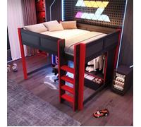 Lit mezzanine multifonction 140x200 cm, espace bureau, LED, rangement avec armoire et tiroirs, idéal pour ado gaming LIT MEZZANINE