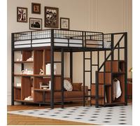 Lit Mezzanine Multifonction 140x200 cm Métal - Rangements, Étageres et Escalier Pratique - Adapté Adulte & Enfant,Noir & Bois Foncé