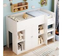 Lit Mezzanine Multifonction 90 * 200 avec rangements, penderie et étagères - lit Enfant avec échelle et Construction Stable Blanc (White + Solid Wood)