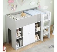 Lit Mezzanine Multifonction 90 * 200 avec rangements, penderie et étagères - lit Enfant avec échelle et Construction Stable Blanc (Grey + Solid Wood)