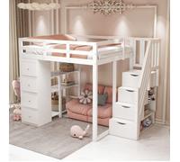 Lit Mezzanine Multifonction en Bois Massif avec 4 Tiroirs, 3 Étagères et Échelle Sécurisée à Rangement - Pour Enfants et Ados,