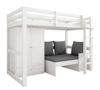 Lit mezzanine multifonction en bois massif avec échelle intégrée, grande armoire, canapé avec espace de rangement, étagère de rangement, sommier à lattes, trois coussins, coin couchage et coin salon