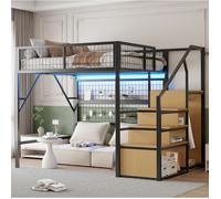 Lit mezzanine noir 140×200 cm LED pilotée par appli escalier rangement structure stable sans matelas