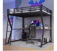 Lit mezzanine O.Ye 140x200 cm - avec éclairage LED, bureau + USB, avec escalier et rampe, lit enfant, sans Matelas no LIT MEZZANINE