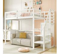 Lit mezzanine - O.Ye - 90x200 cm - Bois massif - Escalier de rangement - Blanc