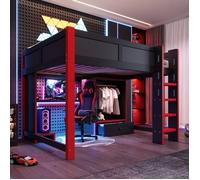 Lit mezzanine pour enfant, 140 x 200 cm, lit gaming pour adolescent avec bureau, éclairage LED, armoire et tiroirs, noir et rouge
