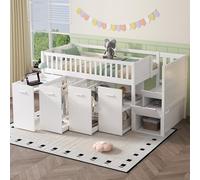 Lit mezzanine pour enfant 90 x 200 cm avec bureau, armoire, pin/MDF, blanc | Plan de travail extensible, 3 espaces de rangement, escalier avec 2 compartiments, protection contre les chutes sur tout le