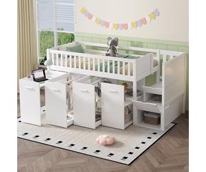 Lit mezzanine pour enfant 90 x 200 cm avec bureau, armoire, pin/MDF, blanc | Plan de travail extensible, 3 espaces de rangement, escalier avec 2 compartiments, protection contre les chutes sur tout le