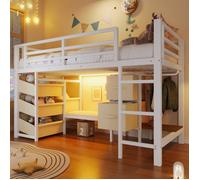 Lit mezzanine pour enfant, 90 x 200 cm, lit mi-haut en métal avec coussin, tiroir en tissu, lampe LED et tringle à vêtements, blanc