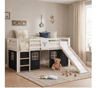 Homestyle4u – Lit mi-hauteur avec rideaux – Noir Pirate – Avec sommier – Noir