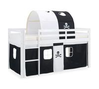 Homestyle4u Lit mezzanine enfant 1558 – échelle, tunnel, rideau pirate noir/blanc, pin 90x200 cm