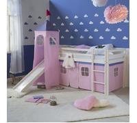 Lit mezzanine pour enfants 90 x 200 cm, blanc, avec rideau rose | Tour | Toboggan