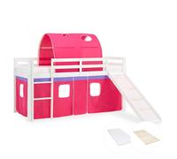 Lit mezzanine pour enfants 90 x 200 cm blanc avec rideau rose Tunnel Toboggan Avec sommier à lattes Avec matelas