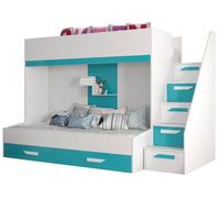 Lit mezzanine pour enfants, adolescents avec espace de rangement - 246,5x165x135 cm, blanc + turquoise - ABIKSMEBLE PARTY 16