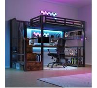 Lit mezzanine - SOGEU - 90x200 cm - Bureau intégré - LED contrôlable par appli - Escalier avec rangements