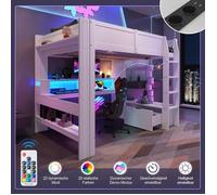 Lit mezzanine140*200cm avec éclairage LED,bureau et sommier,lit ado double avec tiroir et étagères,lit gaming,sans matelas,blanc