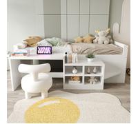 Lit mi-haut 90 x 200 cm, lit Simple en Bois avec Bureau, lit de jour avec prises et plusieurs compartiments de rangement, blanc