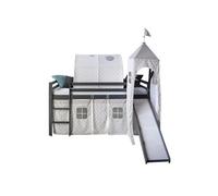 Homestyle4u Loftbed with Slide 90 x 200 cm Tour Tapis Gris Lit Enfant Lit en pin solide Rideau Tunnel Étoiles