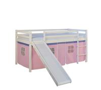 Lit mezzanine pour enfants 90 x 200 cm blanc avec rideau rose Toboggan Avec sommier à lattes Avec matelas