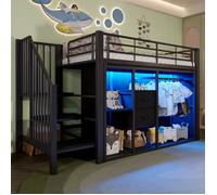 Lit mi-haut avec rangement - 90x200 cm - 2 tiroirs - Armoire ouverte - Éclairage LED multicolore