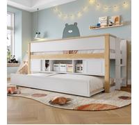 Lit mi-haut - Blanc+Naturel - 90x200cm - Lit gigogne - Rangement - Sécurité