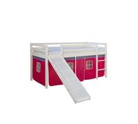 Lit mezzanine pour enfants 90 x 200 cm, blanc avec rideau rose | Toboggan | Avec sommier à lattes | Avec matelas