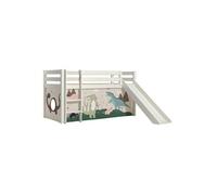 Lit Mi-Haut Tobogan en Pin Laqué Blanc 90x200cm avec Housse Dino - SLEEPY -