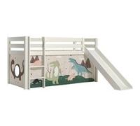 SLEEPY - Lit Mi-Haut Tobogan en Pin Laqué Blanc 90x200cm avec Housse Dino -