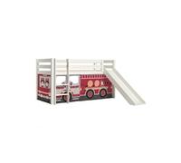 Lit Mi-Haut Tobogan en Pin Laqué Blanc 90x200cm avec Housse Pompiers - SLEEPY -