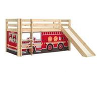 SLEEPY - Lit Mi-Haut Tobogan en Pin Naturel 90x200cm Housse Pompiers - Altobuy Marron