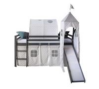 Lit mi-haut toboggan tour 90x200 gris pin tunnel gris