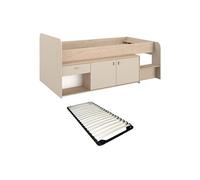 Lit mi-hauteur 90 x 190/200 cm avec rangements - Beige et naturel + Sommier - LUNOBI