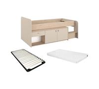 Lit mi-hauteur 90 x 190/200 cm avec rangements - Beige et naturel + Sommier + Matelas - LUNOBI