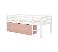 Lit mi-hauteur 90 x 190 cm avec rangement - Pin et MDF - Blanc et rose - LANIORI