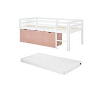 Lit mi-hauteur 90 x 190 cm avec rangement - Pin et MDF - Blanc et rose + Matelas - LANIORI