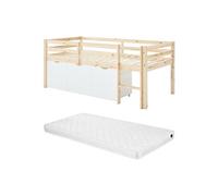 Lit mi-hauteur 90 x 190 cm avec rangement - Pin et MDF - Coloris : Naturel et blanc + Matelas - LANIORI
